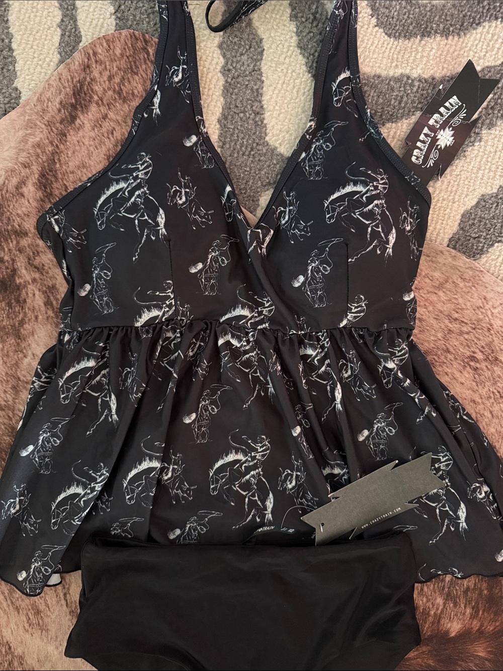 Crazy Train Black Western Horse Print Swim Camisole